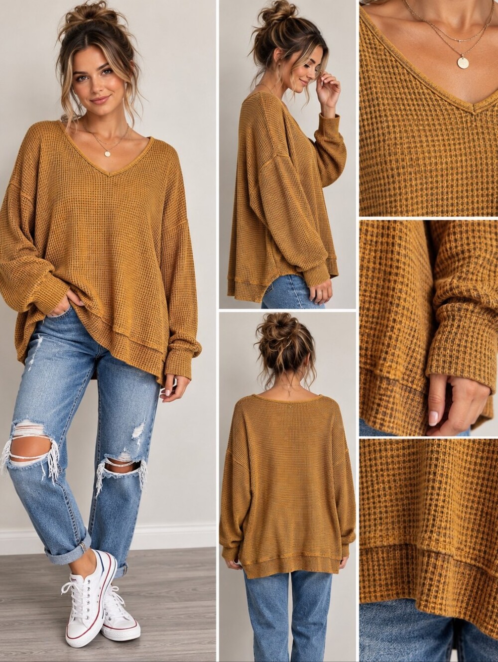 American Eagle Waffle Knit Long Sleeve in Gold Size Medium